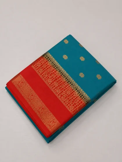 Turquoise Blue Mysore Silk Saree with Orange Gold Zari Border