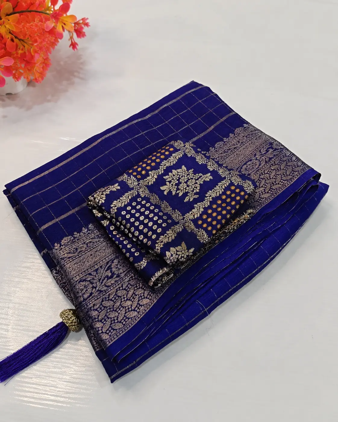 Royal Blue Chinon Crepe Silk Saree with Silver Zari Border