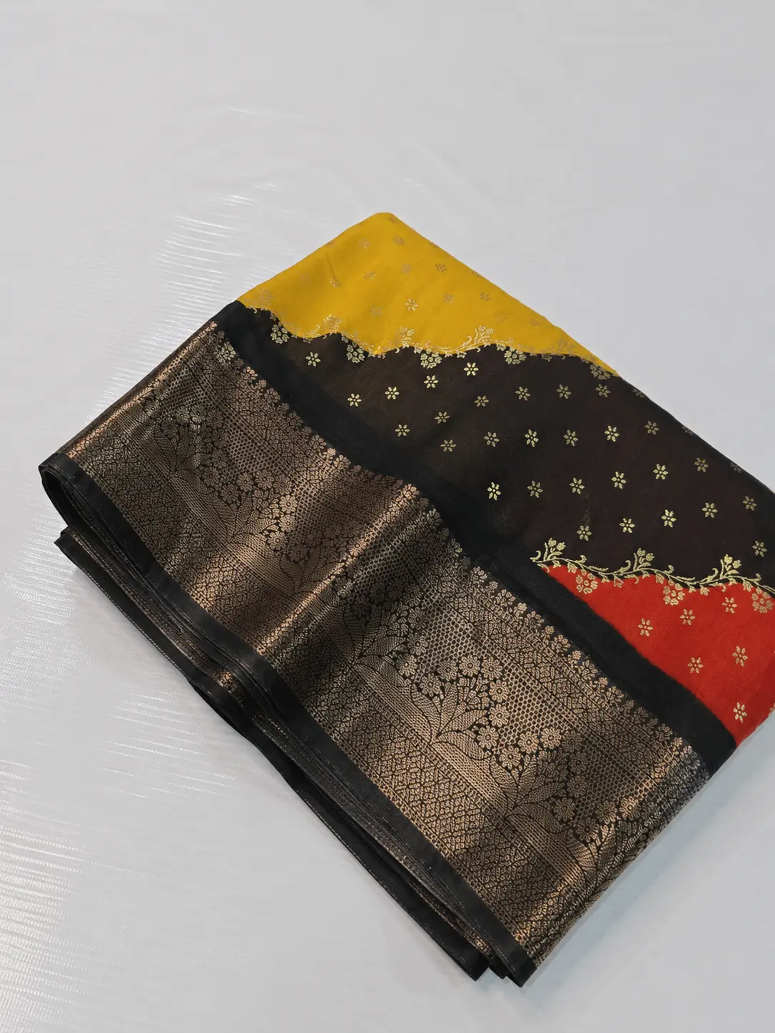 Multicolor Dola Silk Saree with Rich Black Zari Border