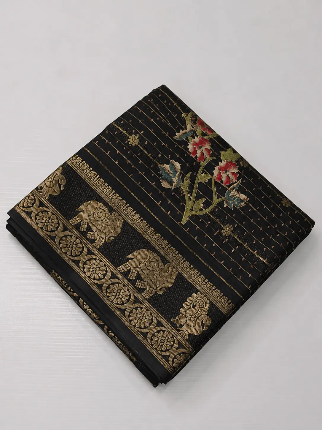 Black Fancy Viscose Saree with Gold Zari Elephant Border